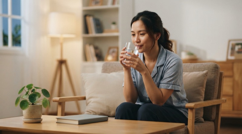 Ảnh minh họa: Người phụ nữ cầm ly nước thủy tinh uống từng ngụm nhỏ nhẹ nhàng vào buổi tối.